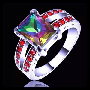 ❤️ Rainbow Topaz & Red Ring, 18K White Gold Filled